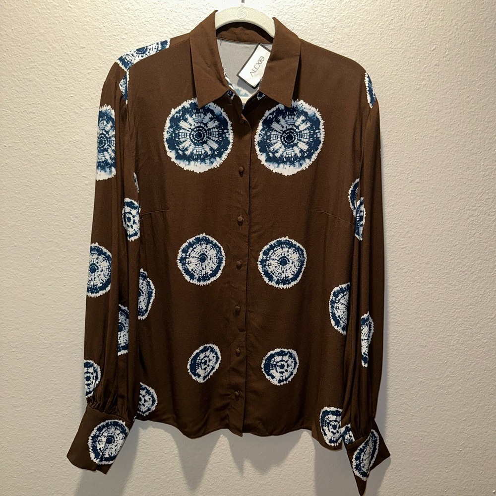 Alexis “Merlin” sapphire brown tie dye circle pattern button down blouse top S - Picture 3 of 9